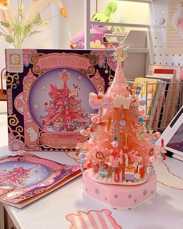 Christmas Tree Building Blocks, Christmas Music Box with LED Light Rotating Christmas Bricks Toy for Boys Girls, Pink Christmas Tree