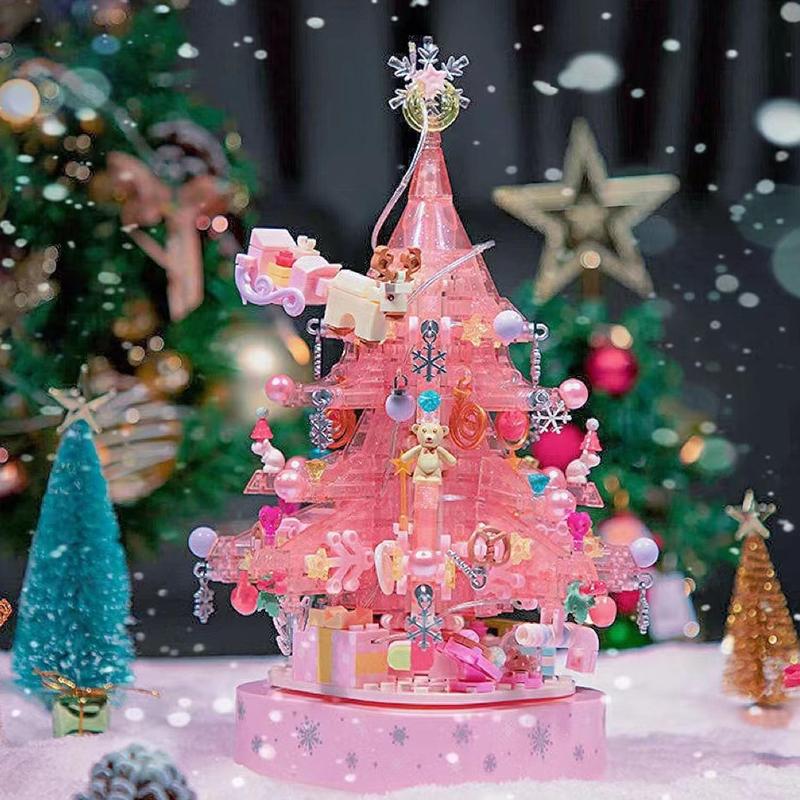 Christmas Tree Building Blocks, Christmas Music Box with LED Light Rotating Christmas Bricks Toy for Boys Girls, Pink Christmas Tree