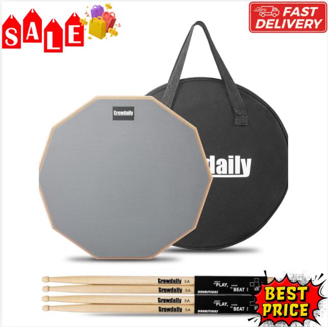 Drum Practice Pad for drumming drum pad and sticks 12 In,Sided With 2 Pairs 4 Maple 5A Drum Sticks & Storage Bag(Gray)