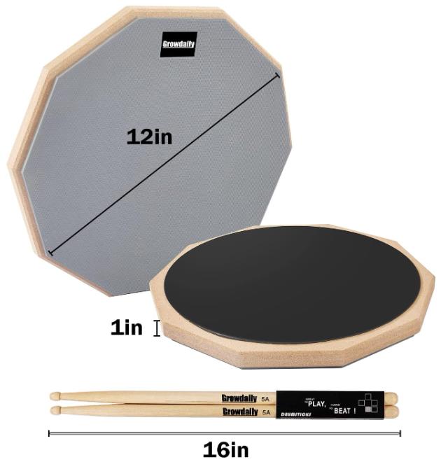 Drum Practice Pad for drumming drum pad and sticks 12 In,Sided With 2 Pairs 4 Maple 5A Drum Sticks & Storage Bag(Gray)