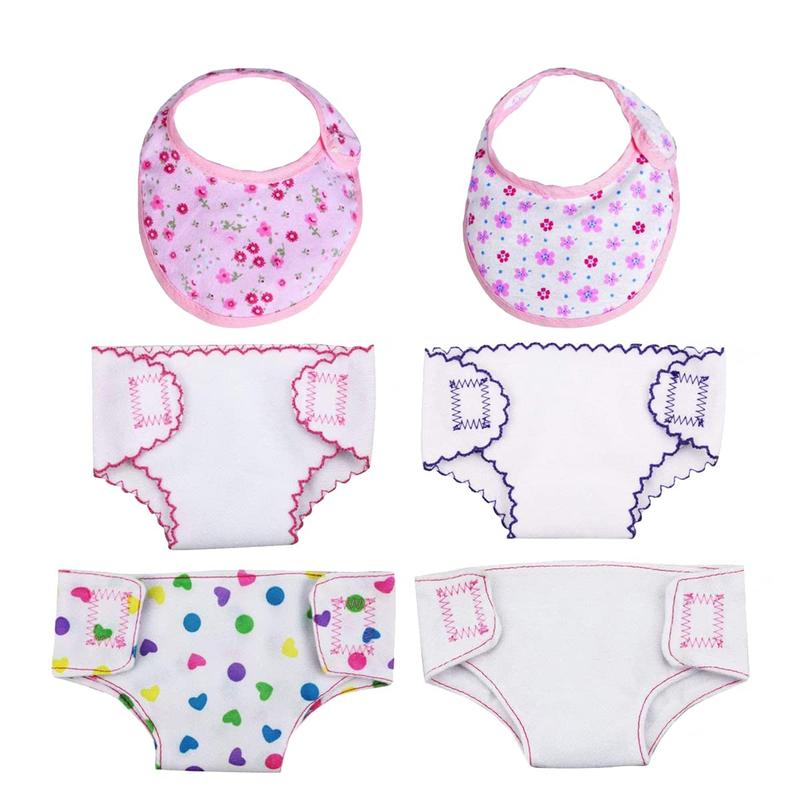 4 Pack Doll Diapers Doll Underwear and 2 Pack Doll Bibs for 14-18 Inch Baby Dolls, Suitable for Infant Baby Doll Girls Boys