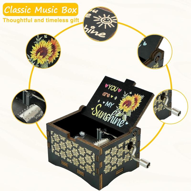 Music Box You are My Sunshine, Wooden Engraved Vintage Hand Crank Colorful Musical Boxes for Women,  Gifts for Christmas Anniversary Wedding Birthday Valentine's Day Mother's Day(Black)