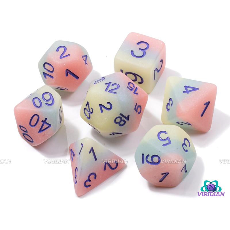 Iced Primaries (Matte) | Pastel Blue, Pink and Yellow-Green Layers, Matte with Slight Glisten, Purple Ink | Resin Dice Set (7)