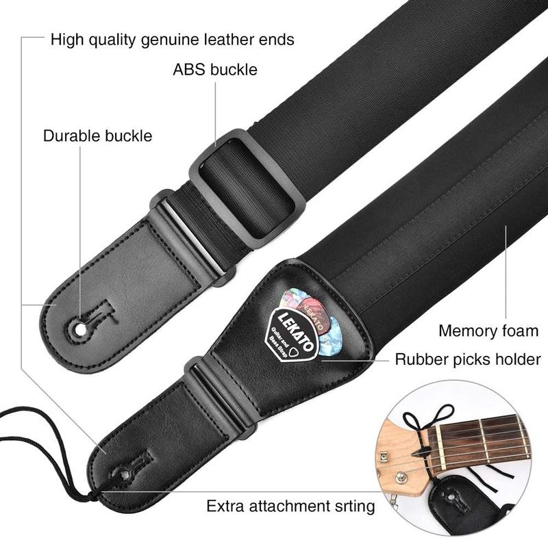 LEKATO LGS-2 Adjustable Padded Guitar Strap w  6 Picks & 2 Safety Strap Locks Set, Nylon Memory Foam, With Pick Holder, Comfortable For Back & Shoulder, 3