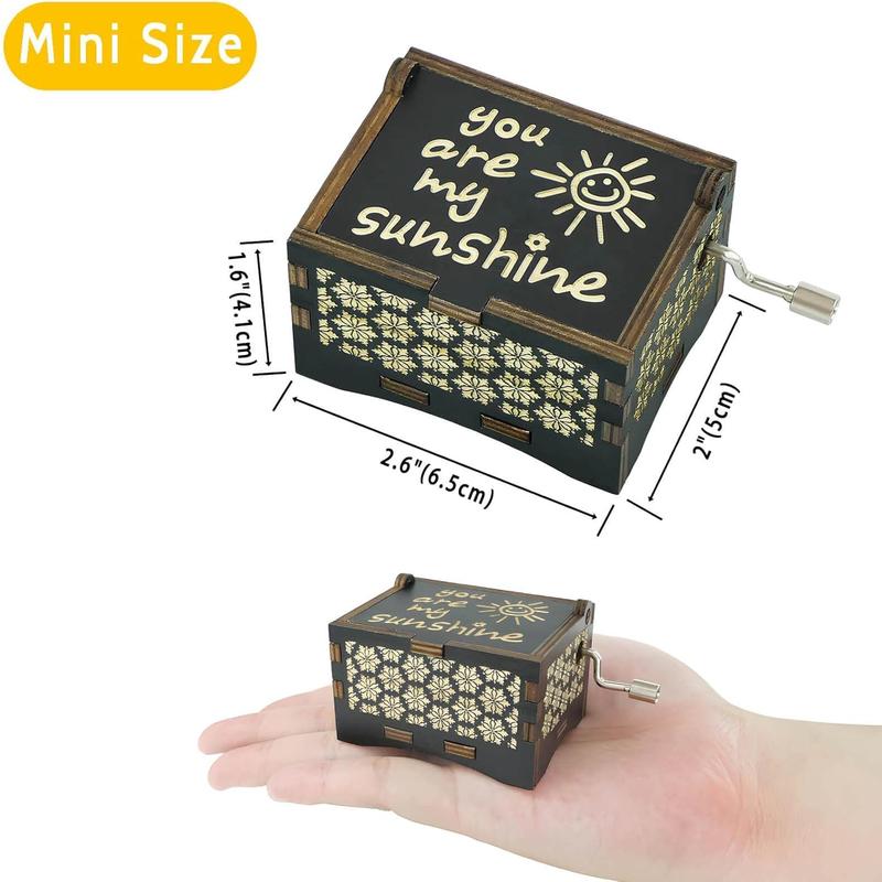 Music Box You are My Sunshine, Wooden Engraved Vintage Hand Crank Colorful Musical Boxes for Women,  Gifts for Christmas Anniversary Wedding Birthday Valentine's Day Mother's Day(Black)