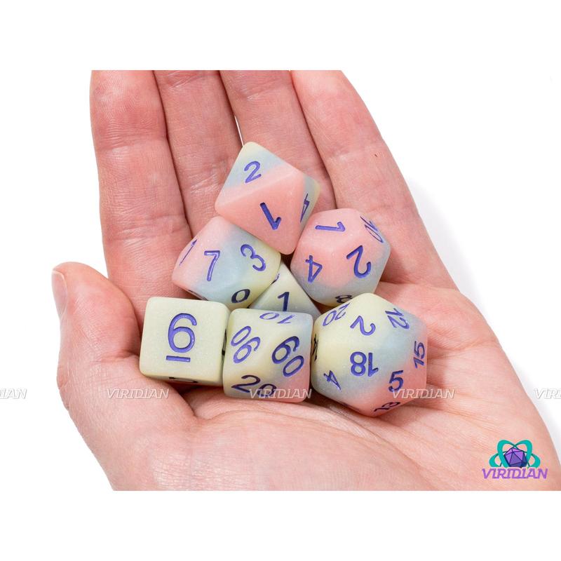 Iced Primaries (Matte) | Pastel Blue, Pink and Yellow-Green Layers, Matte with Slight Glisten, Purple Ink | Resin Dice Set (7)