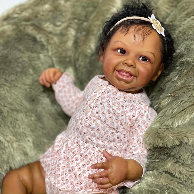 Reborn Baby Doll - Dark 3D skin Realistic Baby doll - Hand planted black curls - Reborn Baby Toy 20 inches  50 cm suitable for children's birthday Christmas gifts