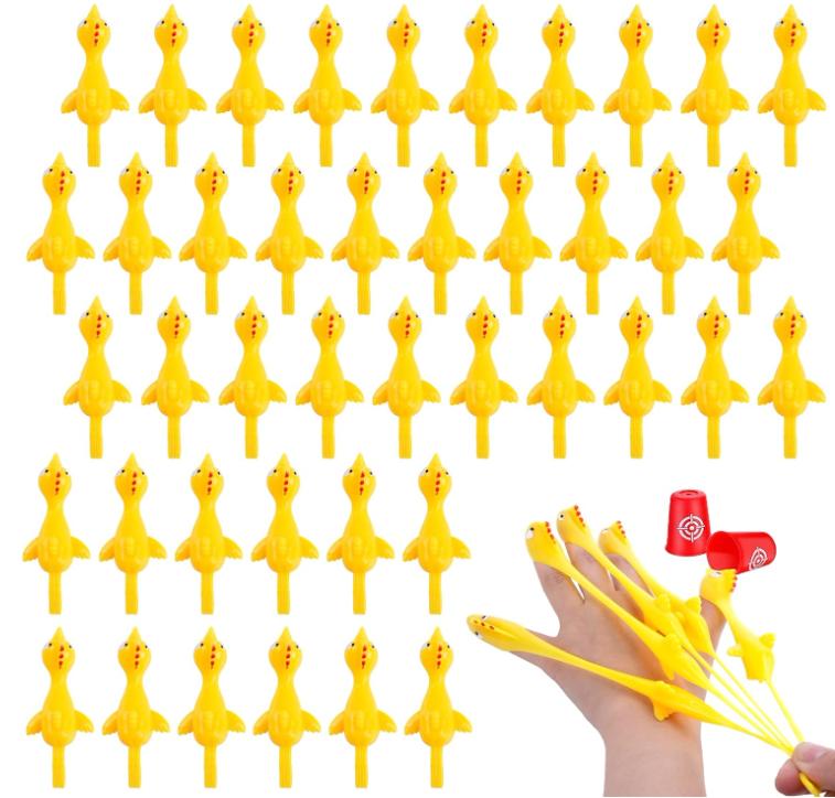 POPLAY 42PCS Flying Chicken Slingshot, Flicking Rubber Chickens Sling Shot Funny Gag Gifts