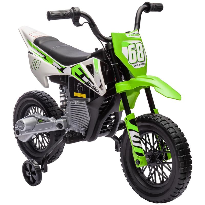 Kids Dirt Bike with Twist Grip Throttle, 12V Electric Motorcycle, Electric Bike for Toddler with Training Wheels, Rear Suspension & Music for Ages 3-6 Years, Green