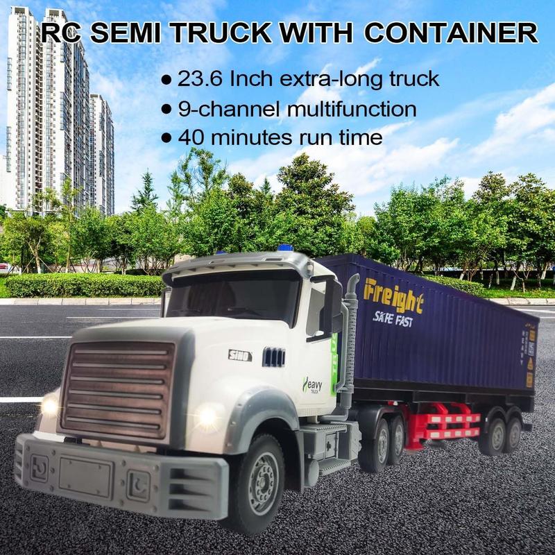 Remote Control Semi Truck with Traile 23.6 Inch 9 Channel RC Semi Truck Toy for Kids,1:24 Container Truck with 2 Batteries,Van Transport Vehicle with Lights & Music