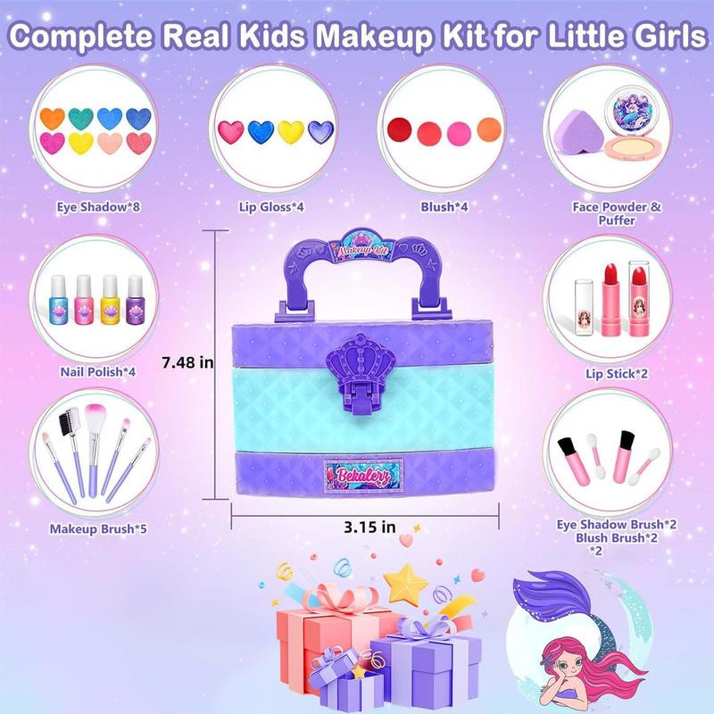 Pretend Play Makeup Kit for 3+ Girls,42 Pcs Washable Real Funny Makeup for Kids Toy,Christmas Birthday Gifts for Girls,Princess-Dresses-Up-for-Girls