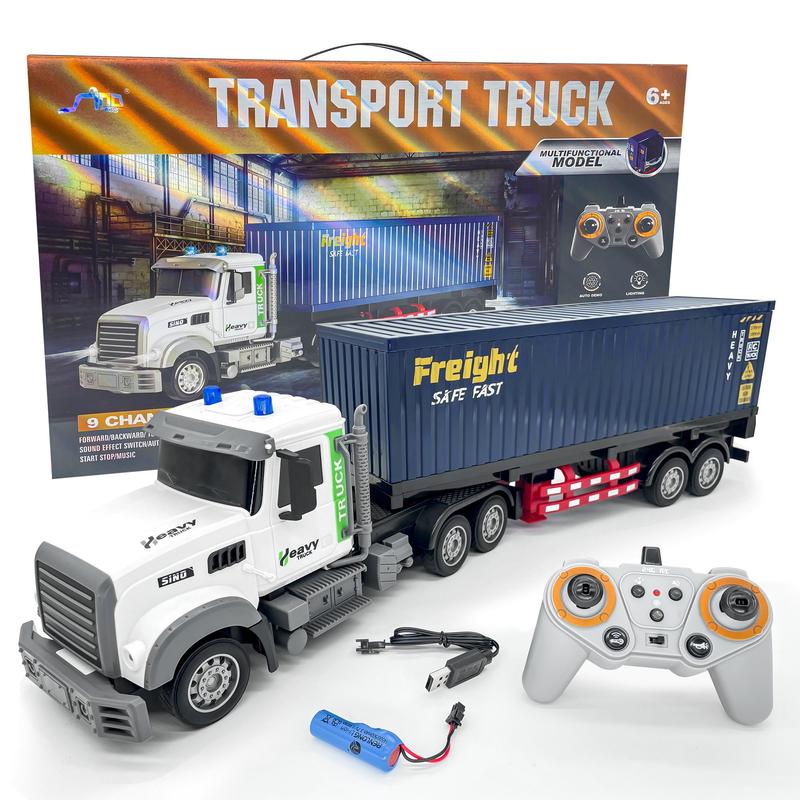 Remote Control Semi Truck with Traile 23.6 Inch 9 Channel RC Semi Truck Toy for Kids,1:24 Container Truck with 2 Batteries,Van Transport Vehicle with Lights & Music