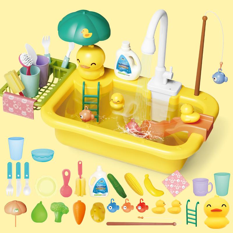 deAO Play Sink with Running Water, Kitchen Play Sink Toy with Electric Faucet, Play Kitchen Accessories, Pretend Play-Dishwasher Play Set