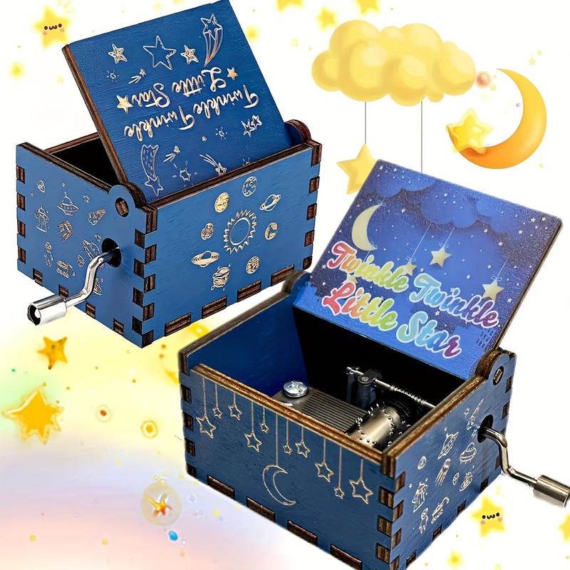 Moon & Star Pattern Wooden Music Box, 1 Count Hand-operated Music Box, Home Decor Ornament for Birthday, Thanksgiving, Wedding, Valentine's Day