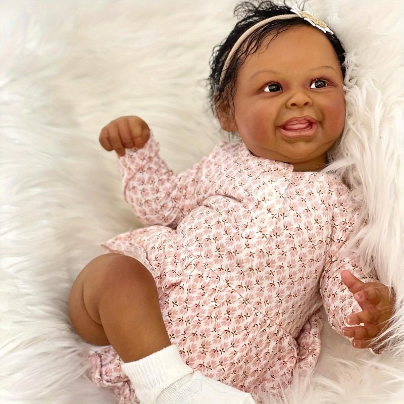 Reborn Baby Doll - Dark 3D skin Realistic Baby doll - Hand planted black curls - Reborn Baby Toy 20 inches  50 cm suitable for children's birthday Christmas gifts