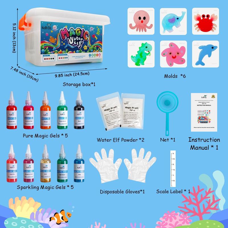 [LIMITED OFFER] Magic Water Elf Toy Kit, Aqua Fairy Water Gel Kit with 10 Magic Gels, 6 Sea Creature Molds. Christmas Gifts, Birthday Gifts, Party Favors, Arts & Crafts DIY STEM Kits for Kids (10 Colors)