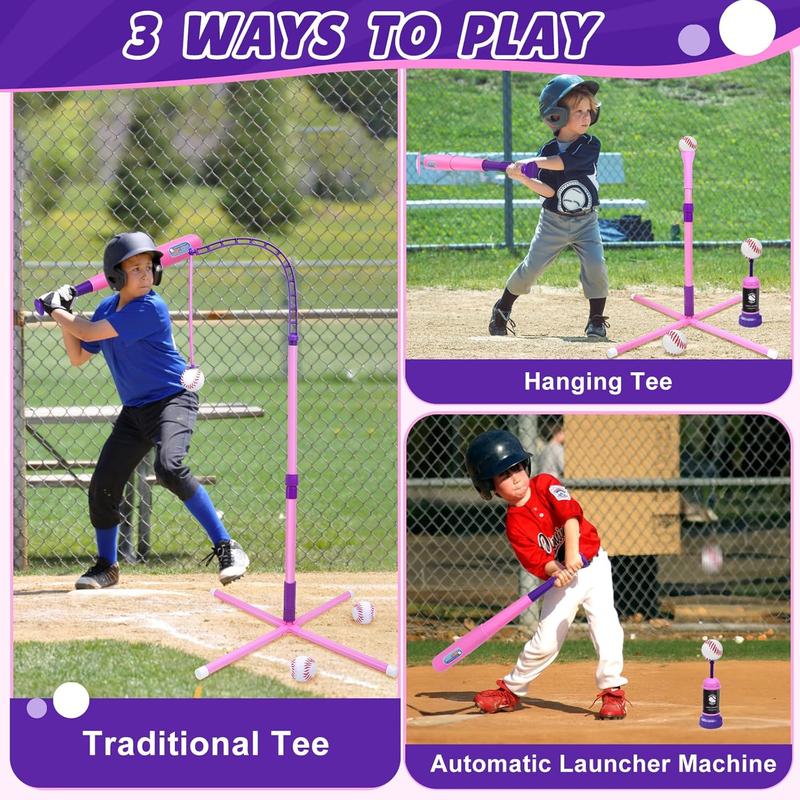 3-in-1 Baseball Set for Kids 3-13: Hanging Tee + Fixed Batting Tee Stand + Ball Launcher + 6 Softballs + Baseball Bat for Toddler Boys Girls 3 4 5 Year Old Teeball Hitting Tee Kit Toys