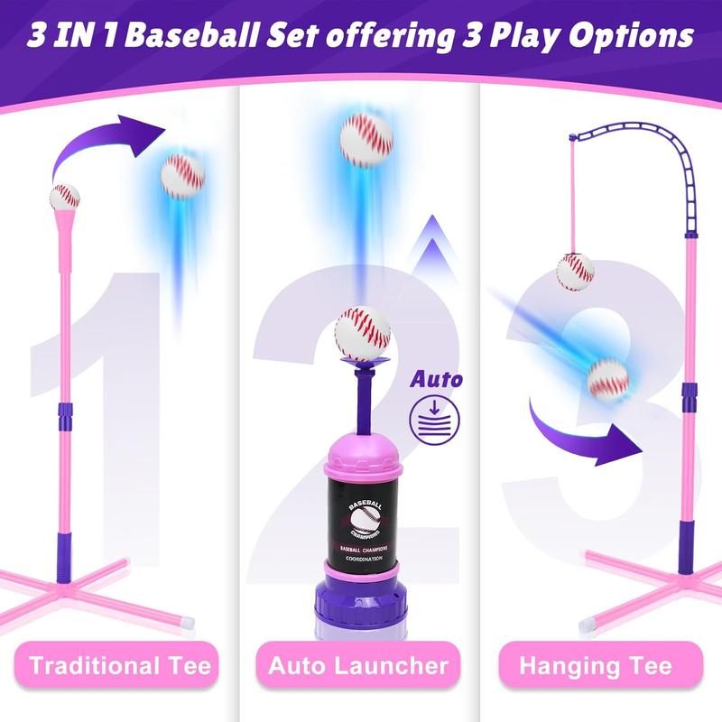 3-in-1 Baseball Set for Kids 3-13: Hanging Tee + Fixed Batting Tee Stand + Ball Launcher + 6 Softballs + Baseball Bat for Toddler Boys Girls 3 4 5 Year Old Teeball Hitting Tee Kit Toys