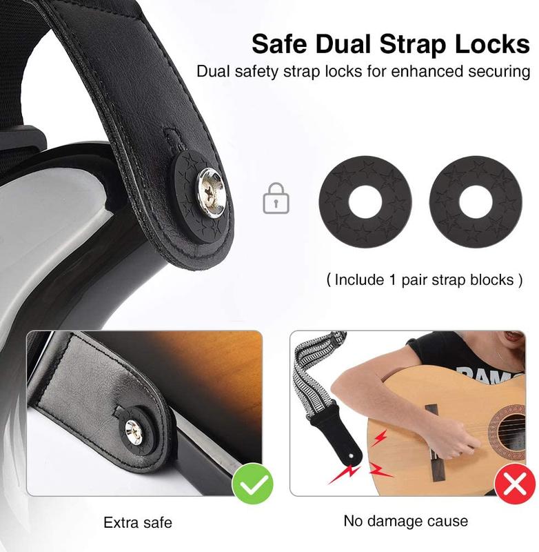 LEKATO LGS-2 Adjustable Padded Guitar Strap w  6 Picks & 2 Safety Strap Locks Set, Nylon Memory Foam, With Pick Holder, Comfortable For Back & Shoulder, 3