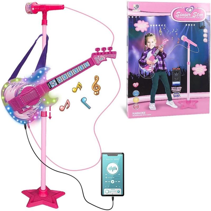 TAKIHON Guitar and Microphone Set for Kids,Guitar Toys with Music&Colorful Light,Adjustable Height Microphone with Stand,Karaoke Toys Gift for Boy,Girls,Toddlers(Red)-Upgraded,Easter Basket Stuffers