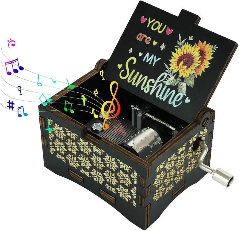 Music Box You are My Sunshine, Wooden Engraved Vintage Hand Crank Colorful Musical Boxes for Women,  Gifts for Christmas Anniversary Wedding Birthday Valentine's Day Mother's Day(Black)