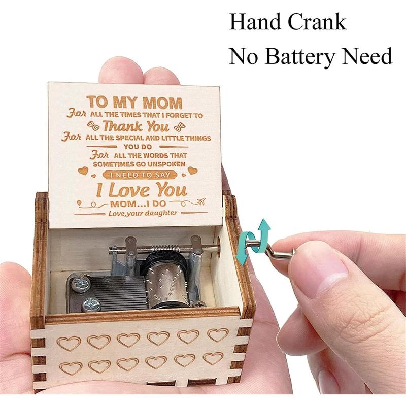 Music Box for mom from Daughter U R My Sunshine Heart Engraved Vintage Wooden Hand Crank Musical Gifts for Mother's Day Birthday Christmas Valentine's Day Thanksgiving