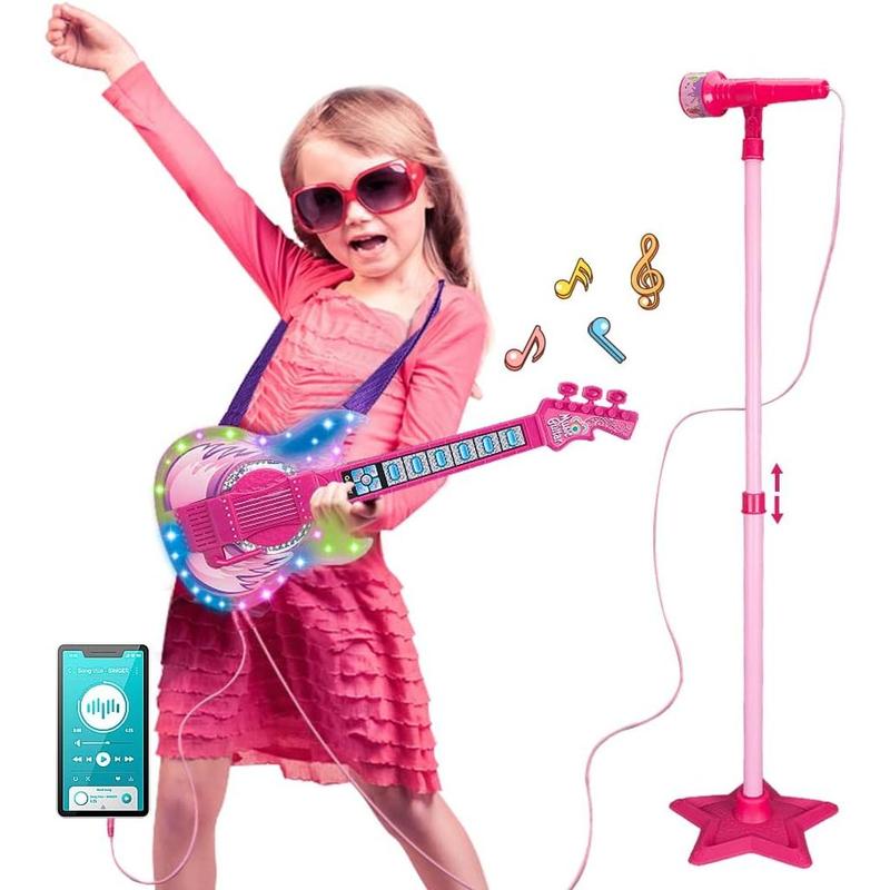 TAKIHON Guitar and Microphone Set for Kids,Guitar Toys with Music&Colorful Light,Adjustable Height Microphone with Stand,Karaoke Toys Gift for Boy,Girls,Toddlers(Red)-Upgraded,Easter Basket Stuffers