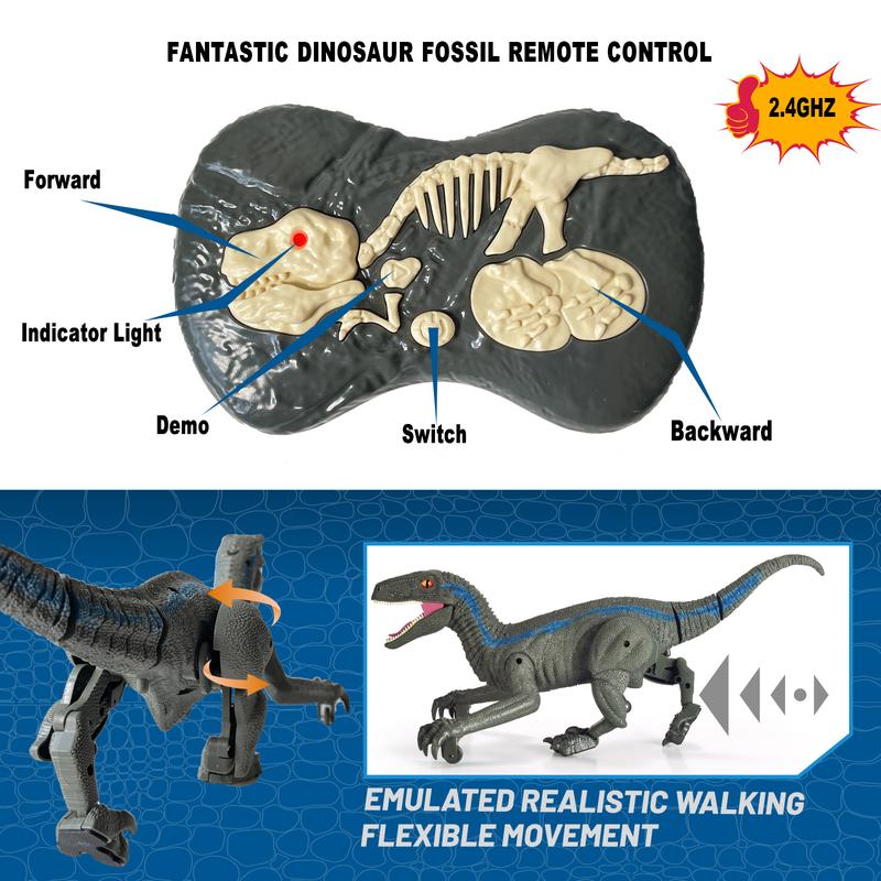 Remote Control Dinosaur Toys for Boys Kids Girls 3 4 5 6 7 8 Years Old Electronic RC Robot Toy LED Lightup Walking Roaring Velociraptor Jurassic Dino Rechargeable Raptor Blue Christmas Birthday Gifts rc dinosaur Dinosaur Toys