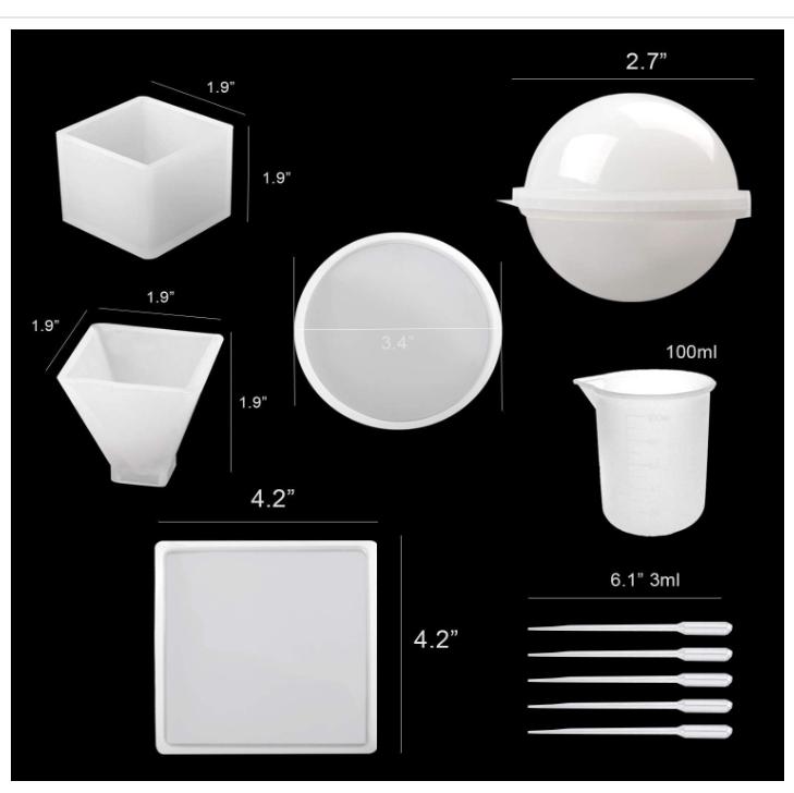 Silicone Resin Molds 5Pcs Resin Casting Molds Including Sphere, Cube, Pyramid, Square, Round with 1 Measuring Cup & 5 Plastic Transfer Pipettes for Resin Epoxy, Candle Wax, Soap, Bowl Mat etc