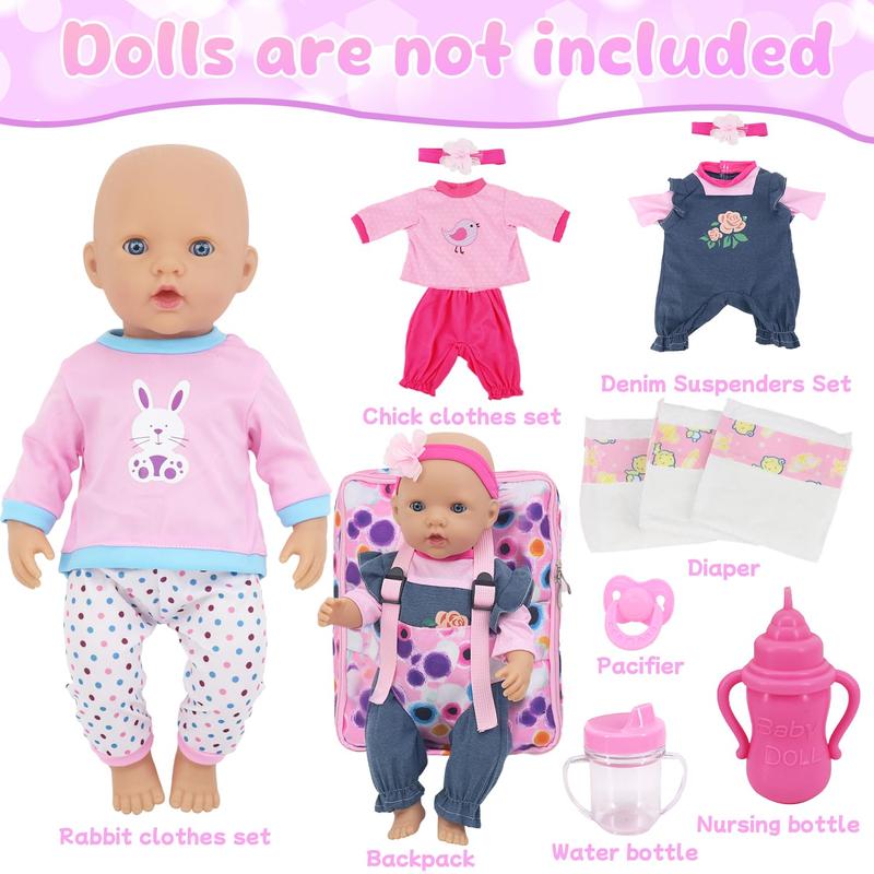 Baby Doll Backpack for 16-18 Inch Dolls ,Baby Doll Playset Included Baby Doll Diaper Carrier Bag,Doll Clothes Sets,Headbands,Diapers,Feeding Bottle,Nipple (No Doll)