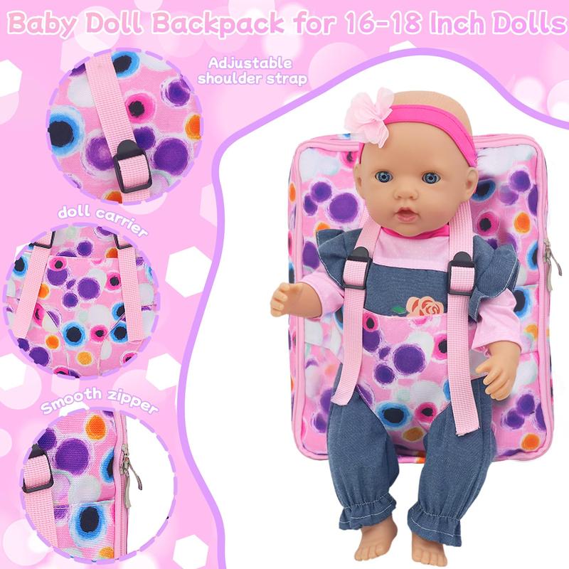 Baby Doll Backpack for 16-18 Inch Dolls ,Baby Doll Playset Included Baby Doll Diaper Carrier Bag,Doll Clothes Sets,Headbands,Diapers,Feeding Bottle,Nipple (No Doll)