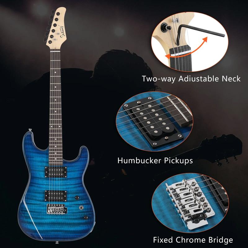 39in Full Size Beginner Electric Guitar Kit w Case, 20W Amp, Tuner, Bag, Strap, Blue - SUNSET INSTRUMENTS