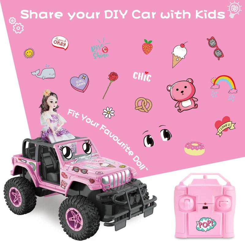 Pink RC Cars 1:16 Scale with DIY Sticker, Remote Control Car for Girls, 80 Min Play 2.4Ghz Jeep RC Trucks,Little Girl Toys Gifts for 4-5 6-7 8-10 Years Old