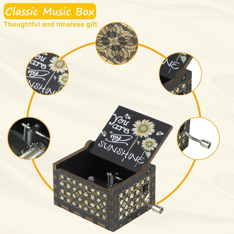 You are My Sunshine Music Box, Unique Wooden Hand Crank Engraved Vintage Musical Boxes, Christmas Anniversary Wedding Birthday Gifts for Mom Him Boyfriend Her Girlfriend Wife Husband(Black)