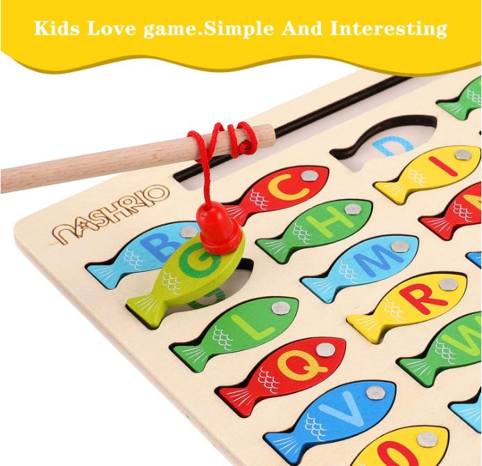 Magnetic Wooden Fishing Game Toy for Toddlers, Alphabet Fish Catching Counting Games Puzzle with Numbers and Letters, Preschool Learning ABC