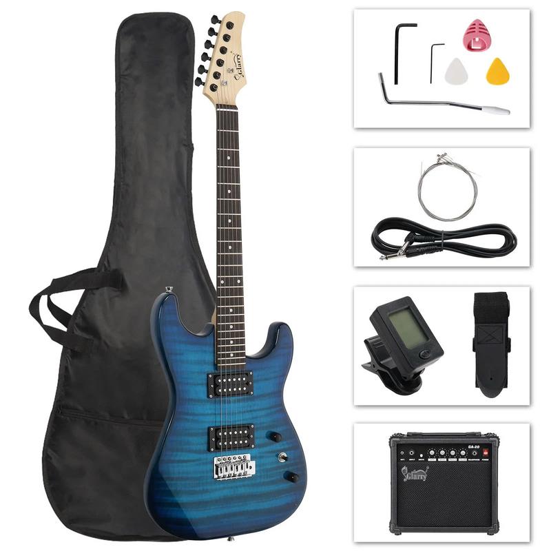 39in Full Size Beginner Electric Guitar Kit w Case, 20W Amp, Tuner, Bag, Strap, Blue - SUNSET INSTRUMENTS