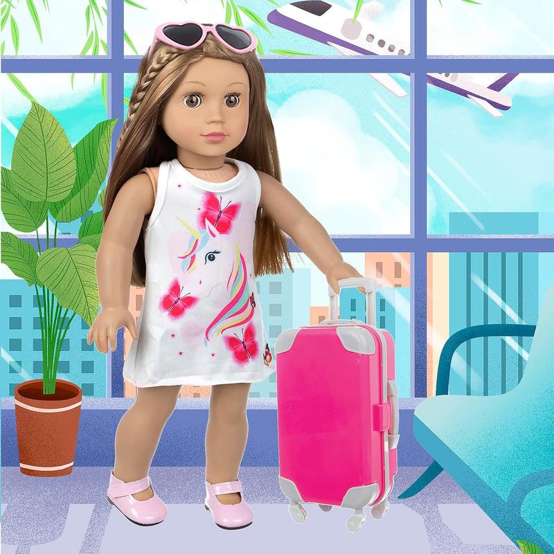 18 Inch Girl Doll Clothes Accessories Travel Play Set Including Suitcase Luggage, Unicorn Dress, Sunglasses, Camera, Computer, Phone, Ipad,Travel Pillow fit 18 Inch Doll