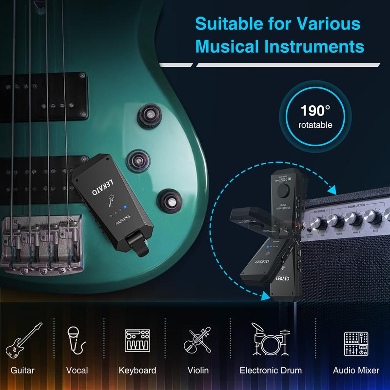 LEKATO WS-90 5.8GHz Rechargeable Wireless Guitar System, 4 Channels Wireless Guitar Transmitter Receiver, 8H Working Time,  Guitar Wireless System for Electric Guitar Bass, Music Lovers Boys Girls Friends Gift