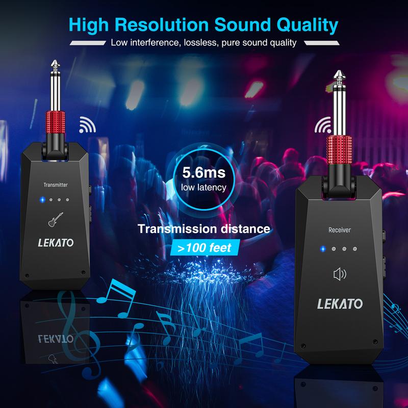 LEKATO WS-90 5.8GHz Rechargeable Wireless Guitar System, 4 Channels Wireless Guitar Transmitter Receiver, 8H Working Time,  Guitar Wireless System for Electric Guitar Bass, Music Lovers Boys Girls Friends Gift