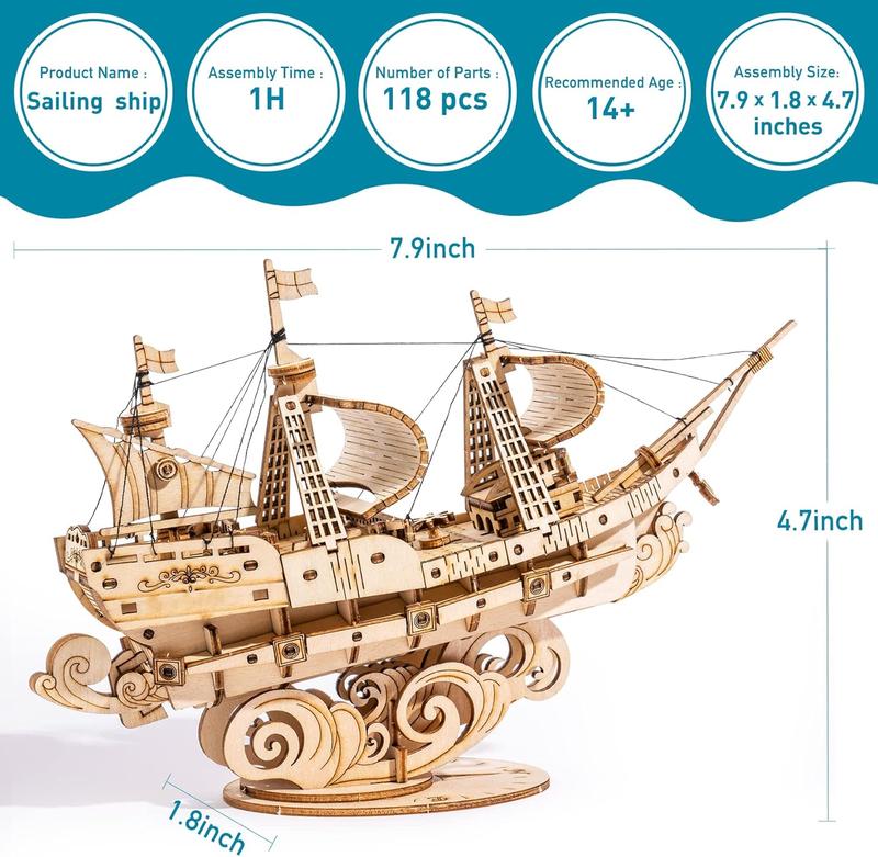 RoWood 3D Wooden Puzzle for Adults, Vintage Wooden Watercraft Model Kit to Build, Gift Ideas - Sailling Ship