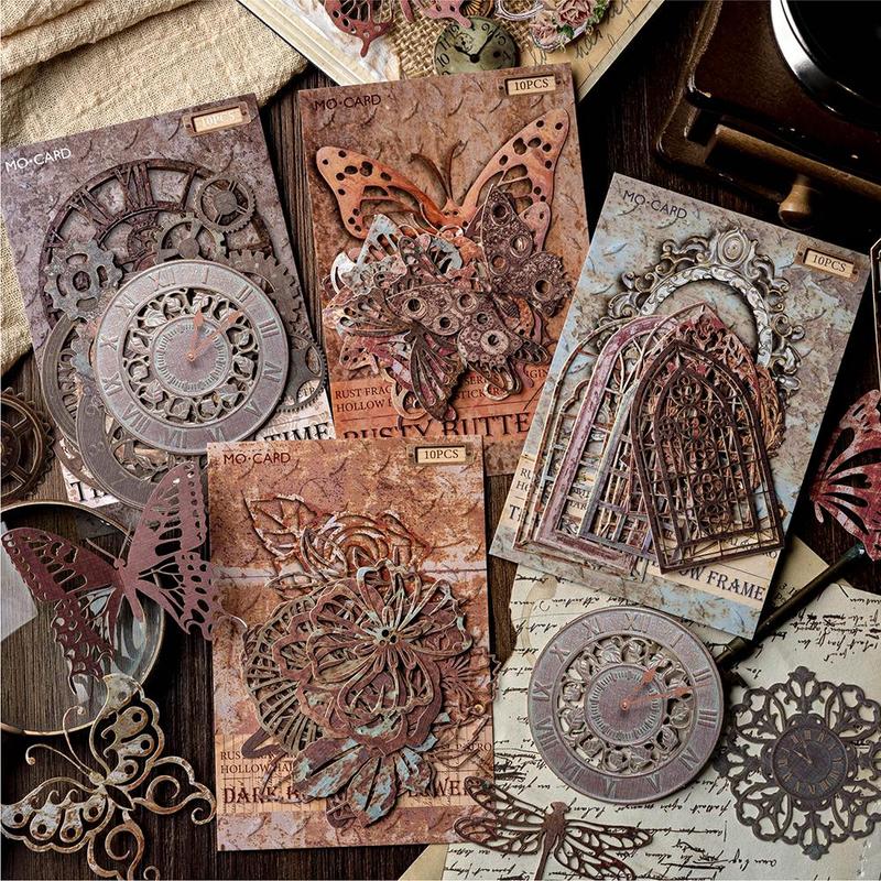 Vintage Hollowed Hard Card Sticker, 10 Sheets pack Scrapbooking & Stamping Sticker, DIY Decorative Sticker for Scrapbooking & Journal Making