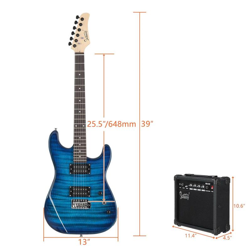 39in Full Size Beginner Electric Guitar Kit w Case, 20W Amp, Tuner, Bag, Strap, Blue - SUNSET INSTRUMENTS