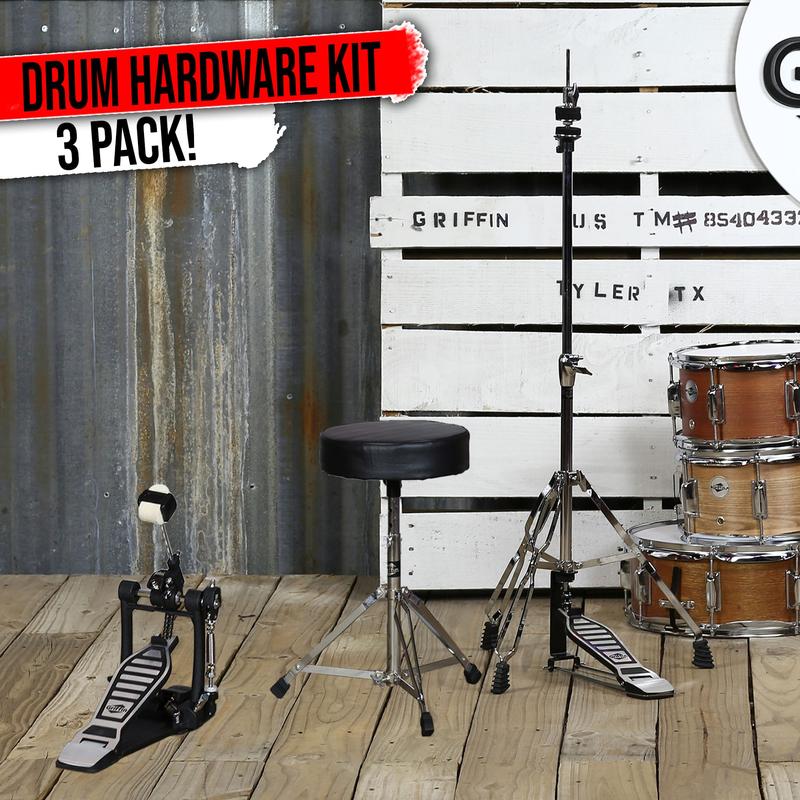 3 PACK GRIFFIN Drum Hardware Set - Bass Drum Kick Pedal, Drummers Throne Seat & Hi-Hat Cymbal Stand | Deluxe Chrome Slip-Proof Gear Holder Percussion Set for Mounting Crash, Ride & Splash Cymbals