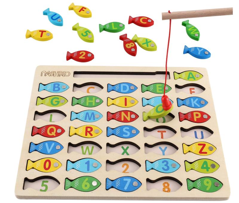 Magnetic Wooden Fishing Game Toy for Toddlers, Alphabet Fish Catching Counting Games Puzzle with Numbers and Letters, Preschool Learning ABC