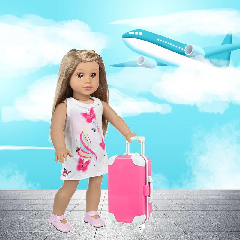 18 Inch Girl Doll Clothes Accessories Travel Play Set Including Suitcase Luggage, Unicorn Dress, Sunglasses, Camera, Computer, Phone, Ipad,Travel Pillow fit 18 Inch Doll