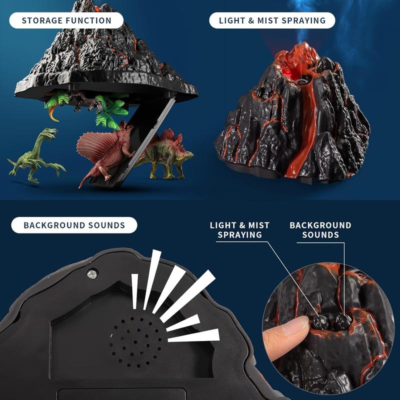 Large Volcano Set With 9 Realistic Dinosaur Action Figures For Kids 3 4 5 6 7 Years, Simulated Volcanic Eruptions W Sounds, Volcano Can Store Dinos, Gift For Boys And Girls