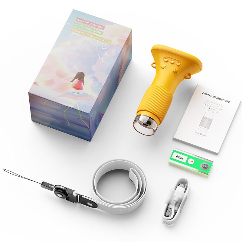 Digital microscope for children. Equipped with a 2 million pixel lens and lights. 1000X magnification. High-definition IPS screen. SD card storage. Can be connected to PC. 1080P resolution.