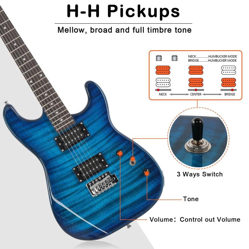 39in Full Size Beginner Electric Guitar Kit w Case, 20W Amp, Tuner, Bag, Strap, Blue - SUNSET INSTRUMENTS