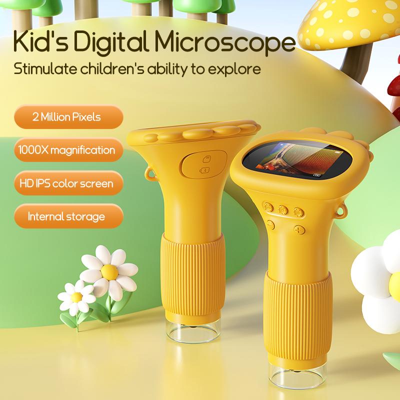 Digital microscope for children. Equipped with a 2 million pixel lens and lights. 1000X magnification. High-definition IPS screen. SD card storage. Can be connected to PC. 1080P resolution.