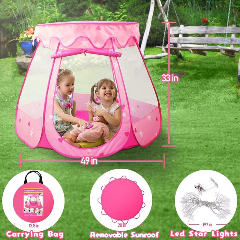 Christmas gift Pop Up Princess Tent with Star Light, Toys for 1 2 3 Year Old Girl Birthday Gift, Ball Pit for 12-18 Months Baby Girl Toys, Toddler Girl Gift, Easy to Pop Up and Assemble(Pink)